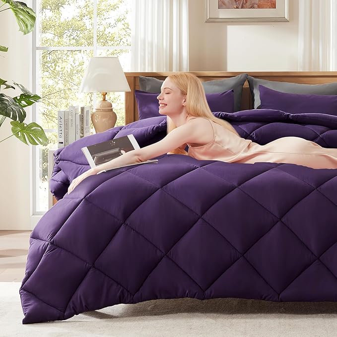 Decroom Lightweight Full Comforter Set with 2 Pillow Sham - 3 Pieces Set - Quilted Down Alternative Comforter/Duvet Insert for All Season - Purple - Full Size
