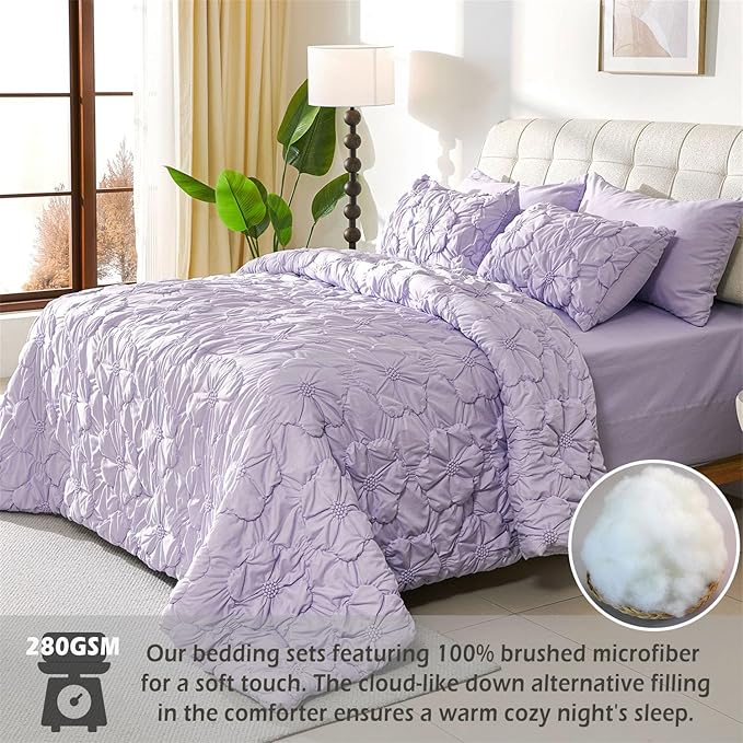 Cmfshape Lavender Pinch Pleat Comforter Set King Size-7 Pieces Bedding Comforter Bed in A Bag-Lightweight Microfiber Bedding Set with Comforter,Fitted Sheet,Flat Sheet and Pillow Shams-104 x90