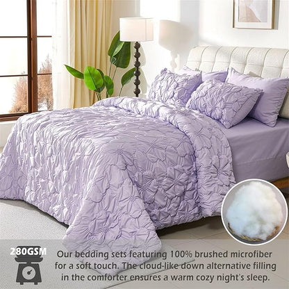 Lavender Pinch Pleat Comforter Set Queen Size-7 Pieces Bedding Comforter Bed in A Bag-Lightweight Microfiber Bedding Set with Comforter,Fitted Sheet,Flat Sheet and Pillow Shams-90 x90