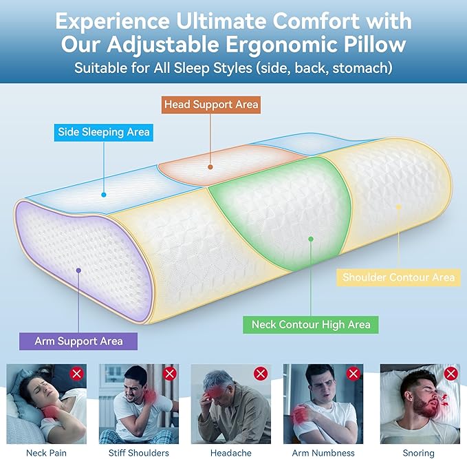 Sandwich Memory Foam Pillow for Sleeping - Ergonomic Cervical Cooling Pillows Queen Size, Adjustable Contour Pillow for Neck, Bed Pillow for Side, Back & Stomach Sleepers