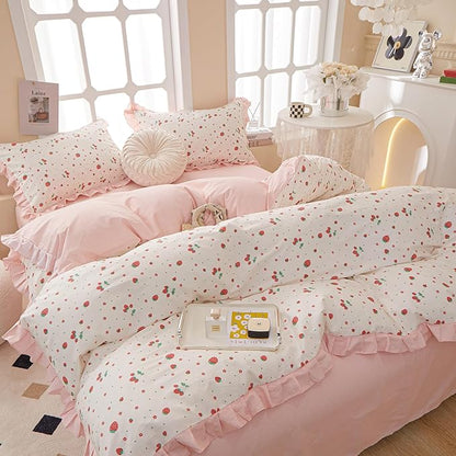 HighBuy Pink Strawberry Print Comforter Set Queen White Pink Ruffle Comforter Queen Kids Girls Princess Bedding Comforter Sets 1 Soft Romantic Ruffle Comforter with 2 Lace Pillowcases