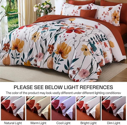 Anibedding 8Pieces Queen Comforter Set, Orange Watercolor Floral Queen Size Bed in a Bag Comforter Set with Pillowcase, Sheets for All Season