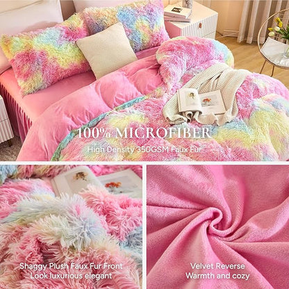 Andency Faux Fur Tie-Dyed Rainbow Comforter King Size, 3 Pieces Fluffy Fuzzy Plush Bedding Comforter Set (1 Shaggy Velvet Comforter & 2 Pillowcases), Soft Puffy Comfy Down Comforter Bedding Set