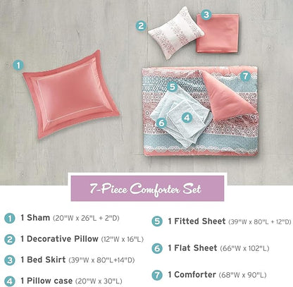 Intelligent Design Complete Bed In A Bag Casual Boho Comforter with Sheet Set Decorative Pillow, All Season Bedding Set, Twin XL, Loretta Coral 7 Piece
