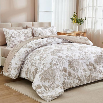 DJY Khaki Comforter Set Full Size,7 Pieces Bed in a Bag Botanical Comforters with Sheets Elegant Plants Print Soft Microfiber Reversible Complete Bedding Sets for All Season