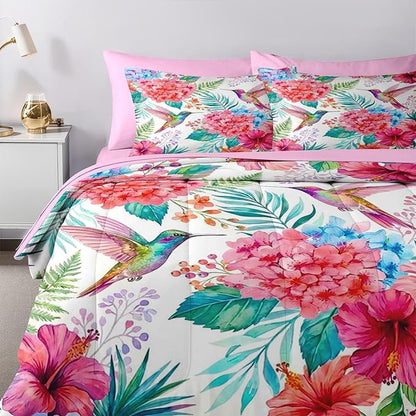 Nesker 7 Pcs Spring Comforter Set Full Size, Hummingbird Floral Bedding Set for Kids and Adults, Pink Tropical Botanical Bed Sheet Sets with Fitted Sheet 2 Pillowcases & 2 Shams