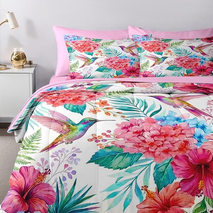 Nesker 5 Pcs Spring Comforter Set Twin Size, Hummingbird Floral Bedding Set for Kids and Adults, Pink Tropical Botanical Bed Sheet Sets with Fitted Sheet Pillowcase & Sham