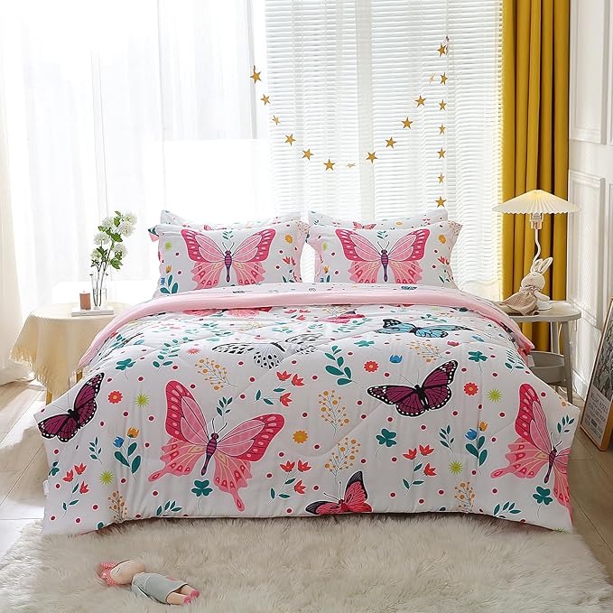 Butterfly Comforter Set Twin Size for Girls Kids Teens 7 Piece Bed in A Bag Colorful Butterflies Flower Leaves Bedding Set All Season Lightweight