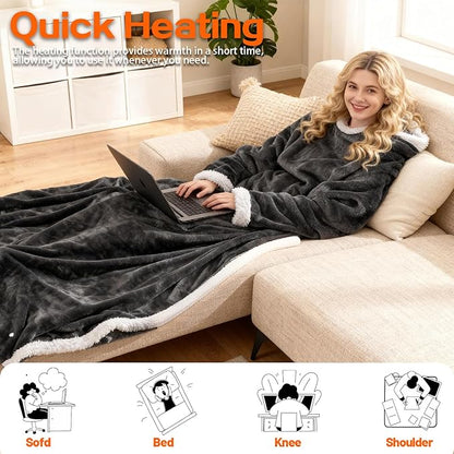 Heated Blanket Wearable Electric with Sleeves & Foot Pocket, Heating Blanket with 8 Hours Auto Off 10 Fast Heating Levels, Machine Washable, Gift Idea, 52”*72”+18”