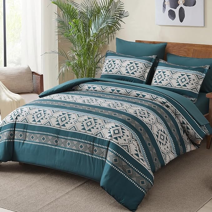 Anibedding Teal Comforter Set Queen 7 Pieces Boho Western Bedding Set for All Season, Aztec Bed in a Bag Queen Soft Microfiber Comforter Set with Sheets, Pillowcases & Shams