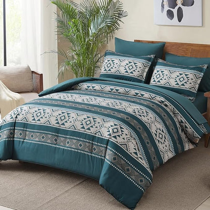 Anibedding Teal Comforter Set King 7 Pieces Boho Western Bedding Set for All Season, Aztec Bed in a Bag King Soft Microfiber Comforter Set with Sheets, Pillowcases & Shams