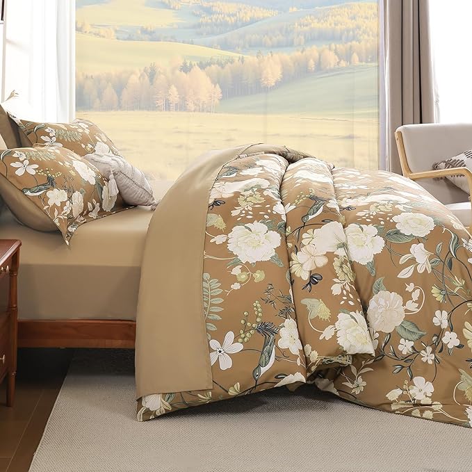 Anibedding 7Pieces Floral Queen Size Comforter Set, Garden Plant Style Bed in a Bag Brown White Flower Bedding Comforter Set with Pillow Case for Bedroom
