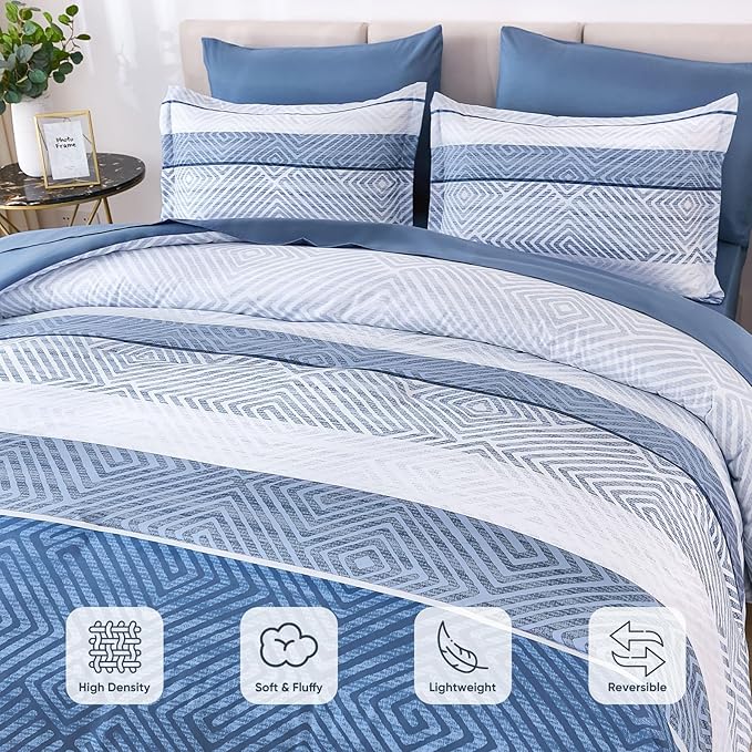 Drucon 7 Piece Striped Comforter Set King Size Light Blue Bed in a Bag, Soft Microfiber Complete Bedding Set with Sheets for All Season