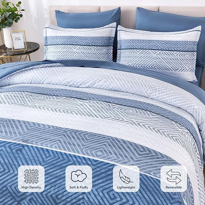 Drucon 7 Piece Striped Comforter Set Queen Size Light Blue Bed in a Bag, Soft Microfiber Complete Bedding Set with Sheets for All Season