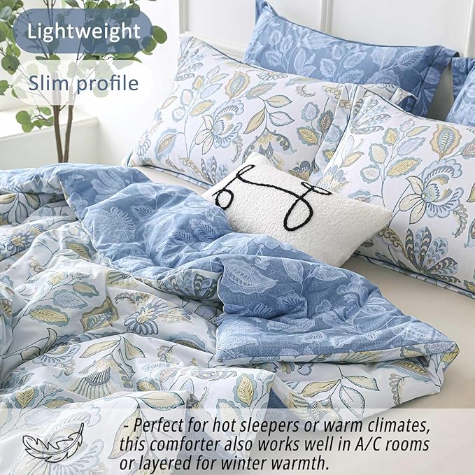 Vintage Botanical Cotton Comforter King Size 3PC - Lavish Floral on Bluish White with Frost Blue Back, Reversible Lightweight Comforter Set with Soft Fill(104"×90")