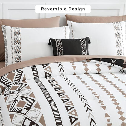 Geniospin Cal King Size Comforter Set- 7 Pieces Boho Bed in a Bag, Western Bedding Set for All Seasons, Reversible Aztec Bedding, Lightweight Comforter Bed Set with Sheets, Pillowcases & Shams