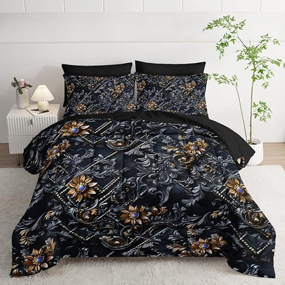 7 Piece Black and Gold Baroque Comforter Set King，Baroque King Bedding，(1 Comforter, 1 Flat Sheet, 1 Fitted Sheet, 2 Pillowcase and 2 Pillow Sham)，Baroque Gothic Bedroom Decor