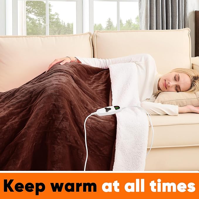 greenoak Heated Blanket Electric Twin 62"X84", Heating Blankets with 10 Levels 8 Hours Auto-Off, Soft Flannel Sherpa Fluffy House Warming Gifts for Grandma Seniors Mom,Mocha