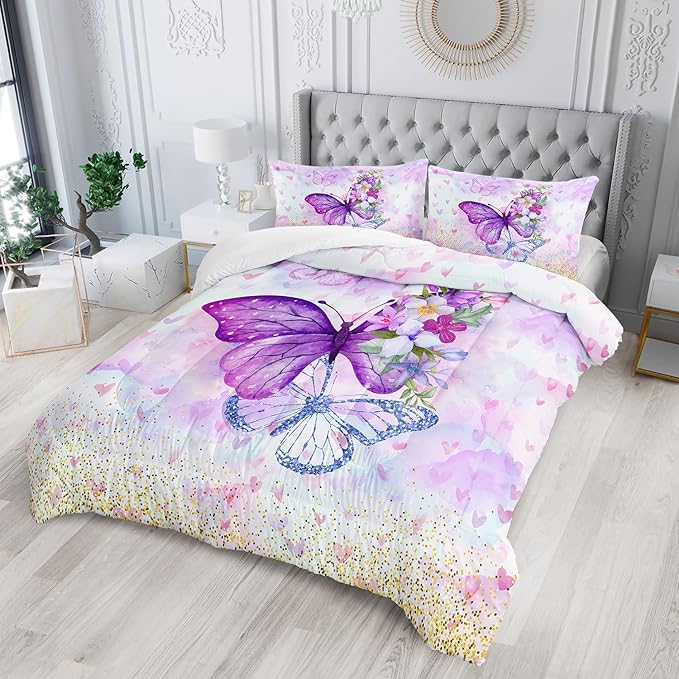 Violet Butterfly Comforter Set Queen Size 3 Pieces Bedding Set for Kids Teen Boys,，Cute Flower Butterfly Bedding Set for Bedroom Soft Microfiber All Season 3pcs(1 Comforter With 2 Pillowcases)