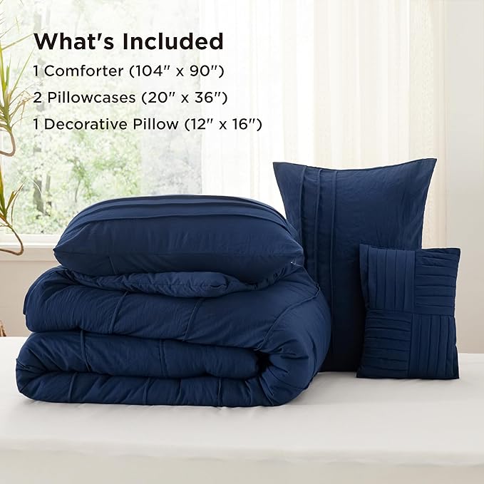 Bedsure King Comforter Set - 4 Pieces Pinch Pleat Bed Set, Navy Blue Boho Bedding for All Season, 1 Soft Comforter, 2 Pillowcases, 1 Decorative Pillow