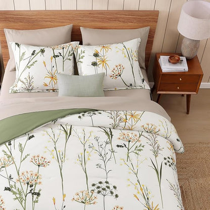 WRENSONGE King Size Comforter Set-7 Pieces Botanical Dandelion Bed in a Bag with Flowers Pattern, Soft Floral Complete Bedding Set with Sheets for All Season