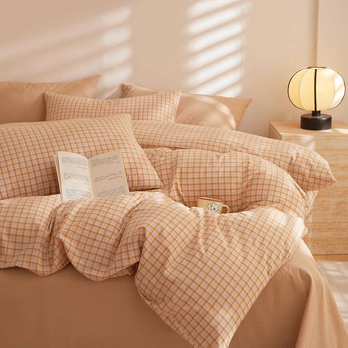 HighBuy Orange Gingham Comforter Set Full Modern Chic Plaid Comforter Set 3 Pieces Soft Fluffy Grid Checkered Pattern Comforter with 2 Pillowcases Farmhouse Gingham Bedding Set Breathable