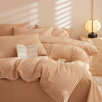 HighBuy Orange Gingham Comforter Set Queen Size Boho Plaid Checkered Pattern Comforter Geometric Grid Printed Bedding Comforter Set with 2 Pillowcases Fluffy Soft Gingham Bedding Set