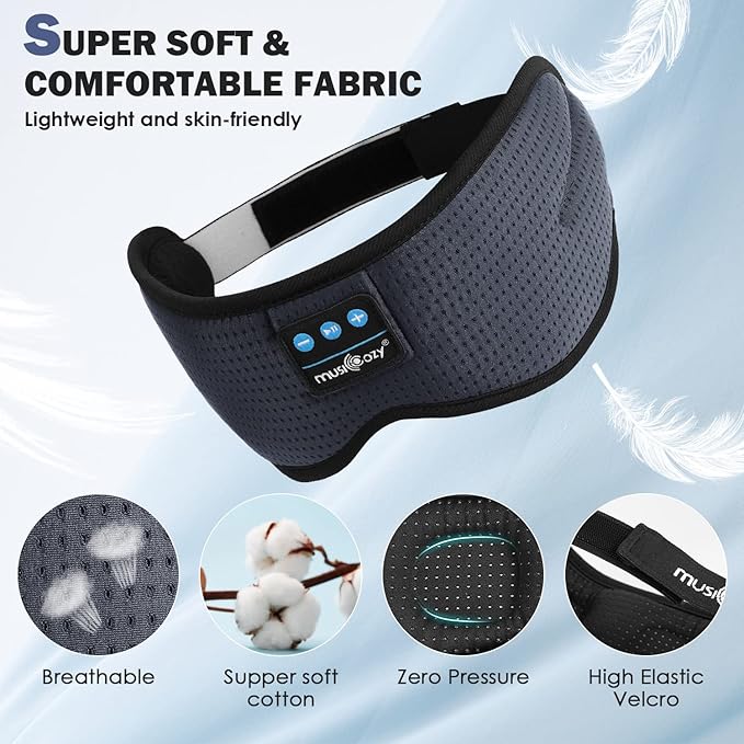 MUSICOZY Sleep Headphones Bluetooth 5.4 Headband Sleeping Eye Mask for Mom Women Men Wireless Music Earbuds Earphones for Side Sleepers Built-in HD Speakers Cool Gadgets Unique Gifts (Light Gray)