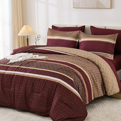 WONGS BEDDING Burgundy Comforter Set Queen Size, 7 Pieces Maroon Striped Bed in a Bag Comforter and Sheet Set,Patchwork Soft Lightweight Micorfiber Bedding Set for All Seaon (90"×90")