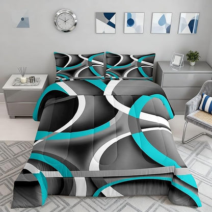 Castle Fairy Black Blue Gray Abstract Stripes Full Size Comforter Set Geometric Circle Bedding Set for Kids Adults Teens Modern Retro Comforter Luxury Geometric Quilt Set Room Decor 3Pcs