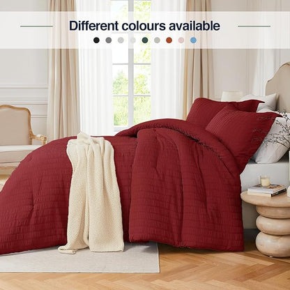 Twin Comforter Set Dark Red,2PCS Seersucker Lightweight Bedding Comforter for All Season, Twin Size(68''×90'' Comforter & 1 Pillowcase)