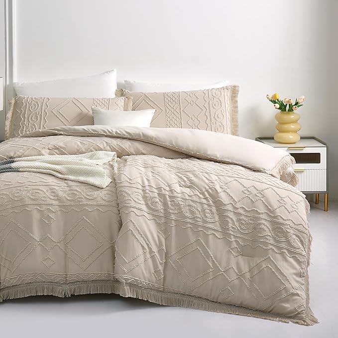 Boho King Size Comforter Set Beige 3 Pieces Tufted Tassel King Comforter Set Prime Lightweight Down Comforter King Size Beige Shabby Chic Boho Bedding Farmhouse Fluffy Comforter Bed Set Gift Choice