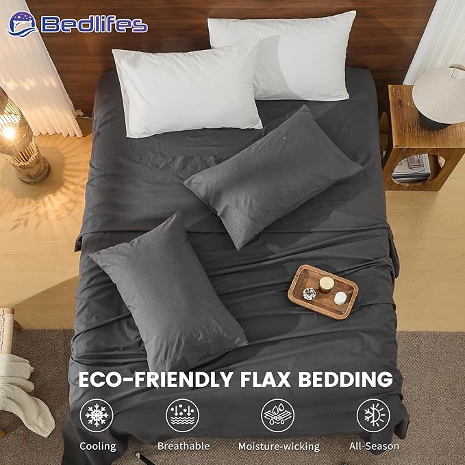 Bedlifes 100% French Pure Linen Sheets King Size Breathable and Cooling Flax Sheet Set Soft Durable and Moisture Wicking 16 Inch Deep Pocket-4 Piece(King,Dark Grey)
