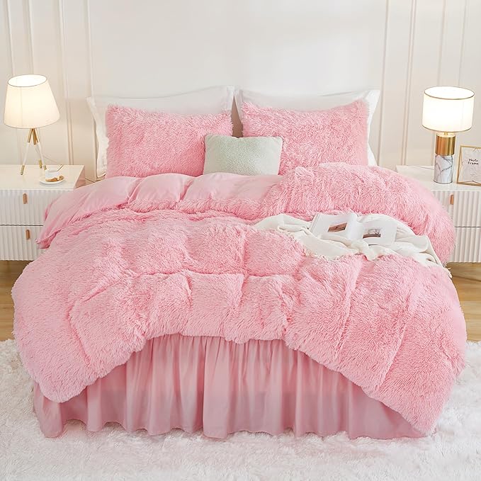Andency Pink Comforter Full Size, 3 Pieces Fluffy Faux Fur Warm Soft Fuzzy Plush Bedding Comforter Set, Puffy Comfy Down Alternative Comforter Blanket Set