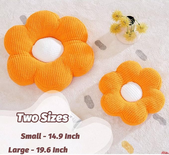 Flower Pillow, Cute Daisy Decorative Pillow for Bed, Soft Home Decor Floor Seating Cushion (Orange, 14.9 Inches)