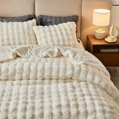 Full Faux Rabbit Fur Comforter Set - 3 Pieces Fluffy Bedding Set Ultra Soft Warm Shaggy Winter Flannel Bed Set, Luxury Skin Friendly Sherpa Comforter Set & Pillow for Thanksgiving Cream White Beige