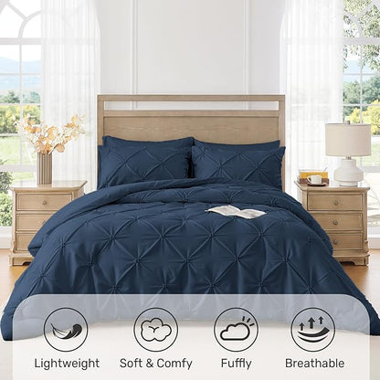 UNIKOME King Size Comforter Set Navy/Royal Blue - Ultra Soft Pintuck Down Alternative Bedding Set for All Seasons, 3 Pieces Lightweight Warm Pinch Pleat Bed Set with Comforter, 2 Pillowcases