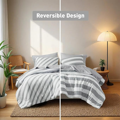 Reversible Striped Twin Comforter Set, Soft Microfiber Bedding Set with Double-Sided Stripes Design, Warm & Cozy for All-Seasons, 2-Piece Comforter and Sham Set Twin Size, Grey