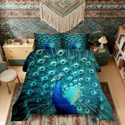 Erosebridal Peacock Bedding Set King Size Teal Cute Animal Pattern Comforter Set Peacock Feather Printed Decor Duvet Filler Adult Women Soft Quilted Duvet