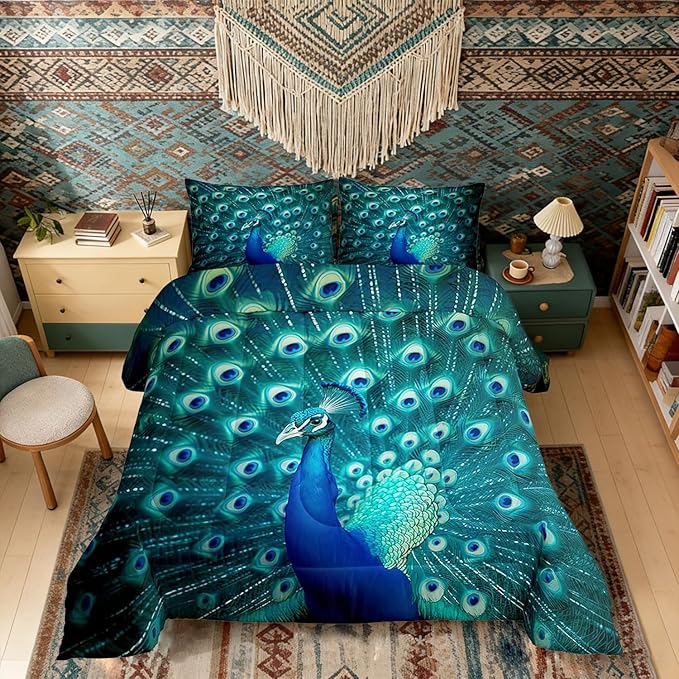 Erosebridal Peacock Bedding Set Queen Size Teal Cute Animal Pattern Comforter Set Peacock Feather Printed Decor Duvet Filler Adult Women Soft Quilted Duvet