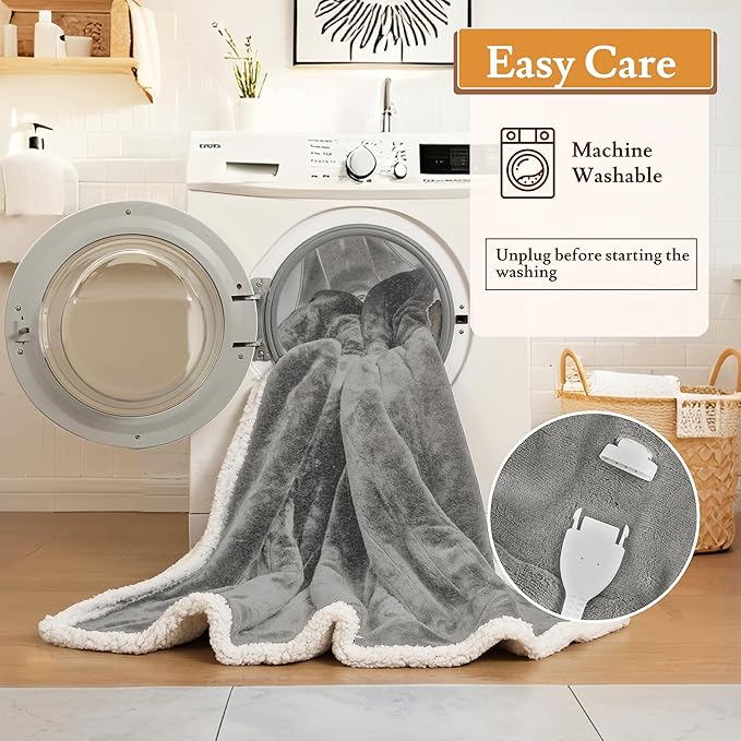 Electric Heated Blanket 62"x84" Twin Size Flannel & Sherpa - 4 Heat Settings & 10H Auto Shut Off for Safe Overnight Use, Fast Heating, Machine Washable for Bed, Couch, Office - Light Gray