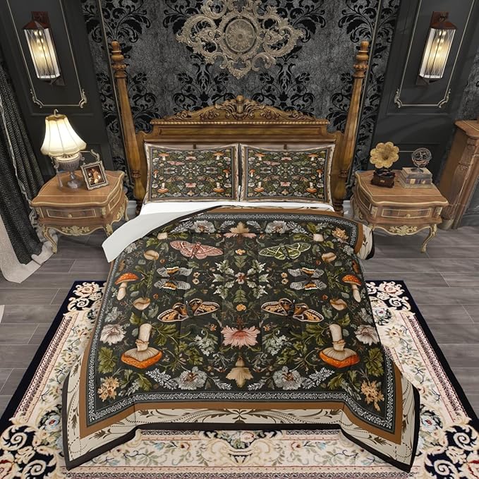 Erosebridal Boys Gothic Moth Black Comforter Set King, Boho Mushroom Bedding Set Butterfly Vintage Floral Comforter, Retro Leaf Wild Mushroom Quilt with 2 Pillowcases for Kids Teens Women Men
