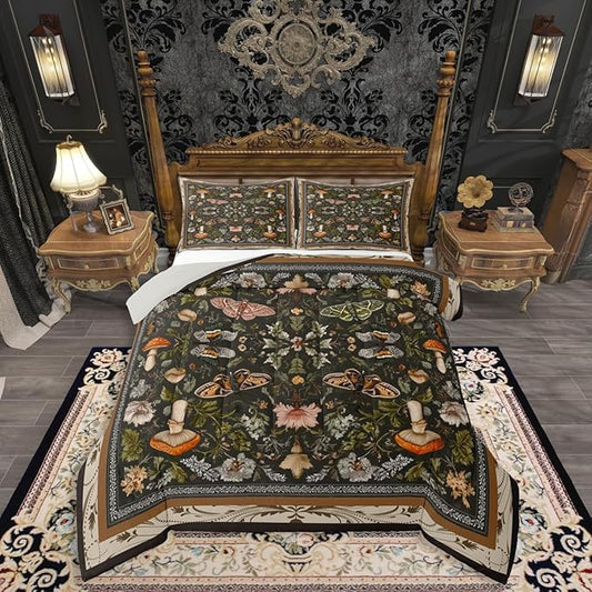 Erosebridal Boys Gothic Moth Black Comforter Set King, Boho Mushroom Bedding Set Butterfly Vintage Floral Comforter, Retro Leaf Wild Mushroom Quilt with 2 Pillowcases for Kids Teens Women Men
