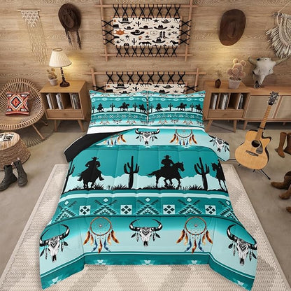 Erosebridal Twin Size Western Comforter Set Longhorn Skull Dream Catcher Boho Bedding Set for Kids Boys Teens Adult Bedroom, Cowboy Horse Western Quilt Southwestern Geometric Duvet Insert, Teal