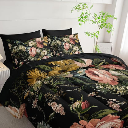 Black Floral Comforter Set Twin Colorful Floral Bedding Sets 7PCS,Light Colorful Flower Bedding Set 7 Piece in A Bag,Bed Sheet Set Flower Decor,Microfiber Ultra-Soft Lightweight Microfiber