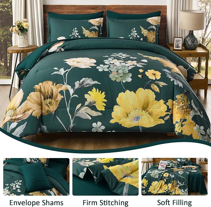 DJY Floral Comforter Set Queen Size 7 Pieces Teal Green Floral Bed in a Bag with Flower Leaves Pattern, Soft Microfiber Botanical Comforter and Sheet Set All Season Bedding Set(90''x90'')
