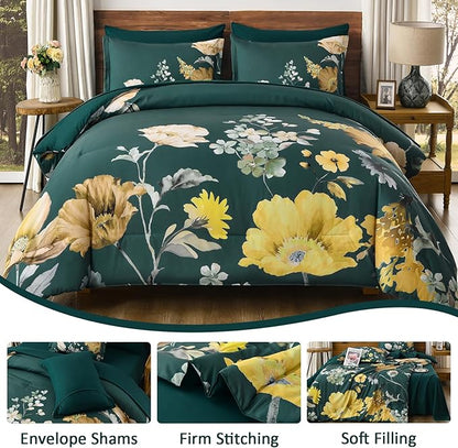DJY Floral Comforter Set Queen Size 7 Pieces Teal Green Floral Bed in a Bag with Flower Leaves Pattern, Soft Microfiber Botanical Comforter and Sheet Set All Season Bedding Set(90''x90'')