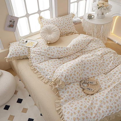 HighBuy Twin XL Comforter Set Lace Ruffle Bedding Comforter Fluffy Coquette Floral Bedding Set 3 Piece Princess Yellow Floral Comforters with 2 Lace Ruffles Pillowcases Cozy Soft