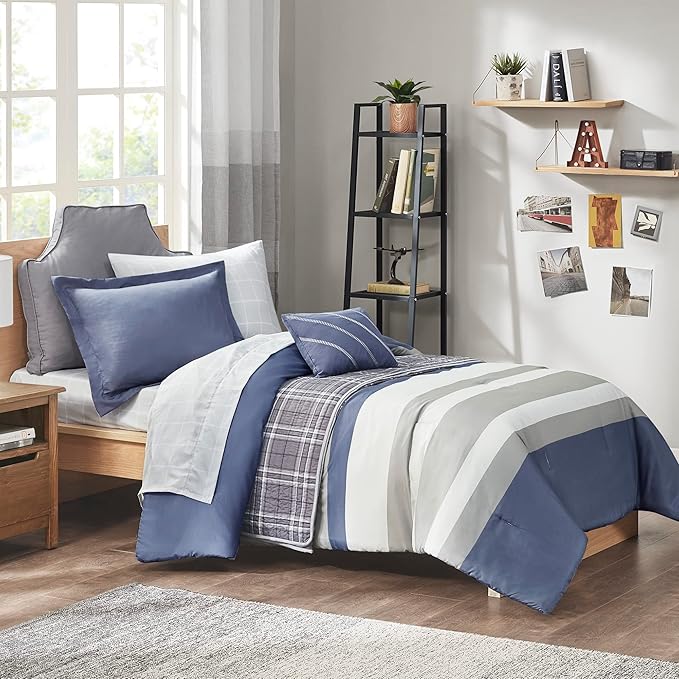 Intelligent Design Marsden Comforter Stripes Design Embroidered Toss Pillow Casual All Season Bedding Matching Sham and Complete Sheet Set, Twin, Blue/Grey 6 Piece