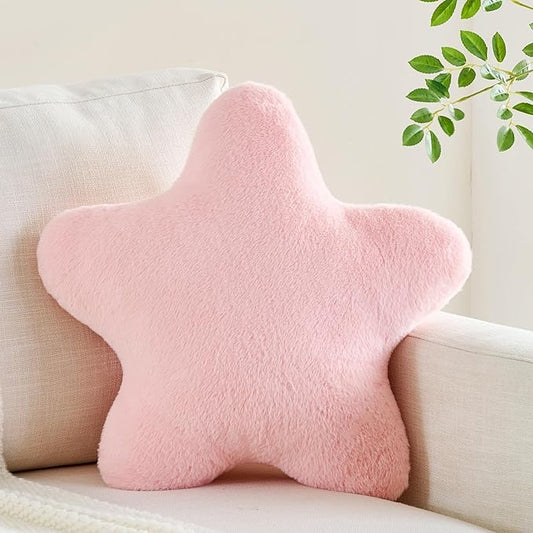 Star Pillow 15.7" Pink Star Shaped Decorative Throw Pillow for Couch Bed Aesthetic Plush Floor Seating Cushions with Soft Faux Rabbit Fur for Sofa Bedroom Living Room
